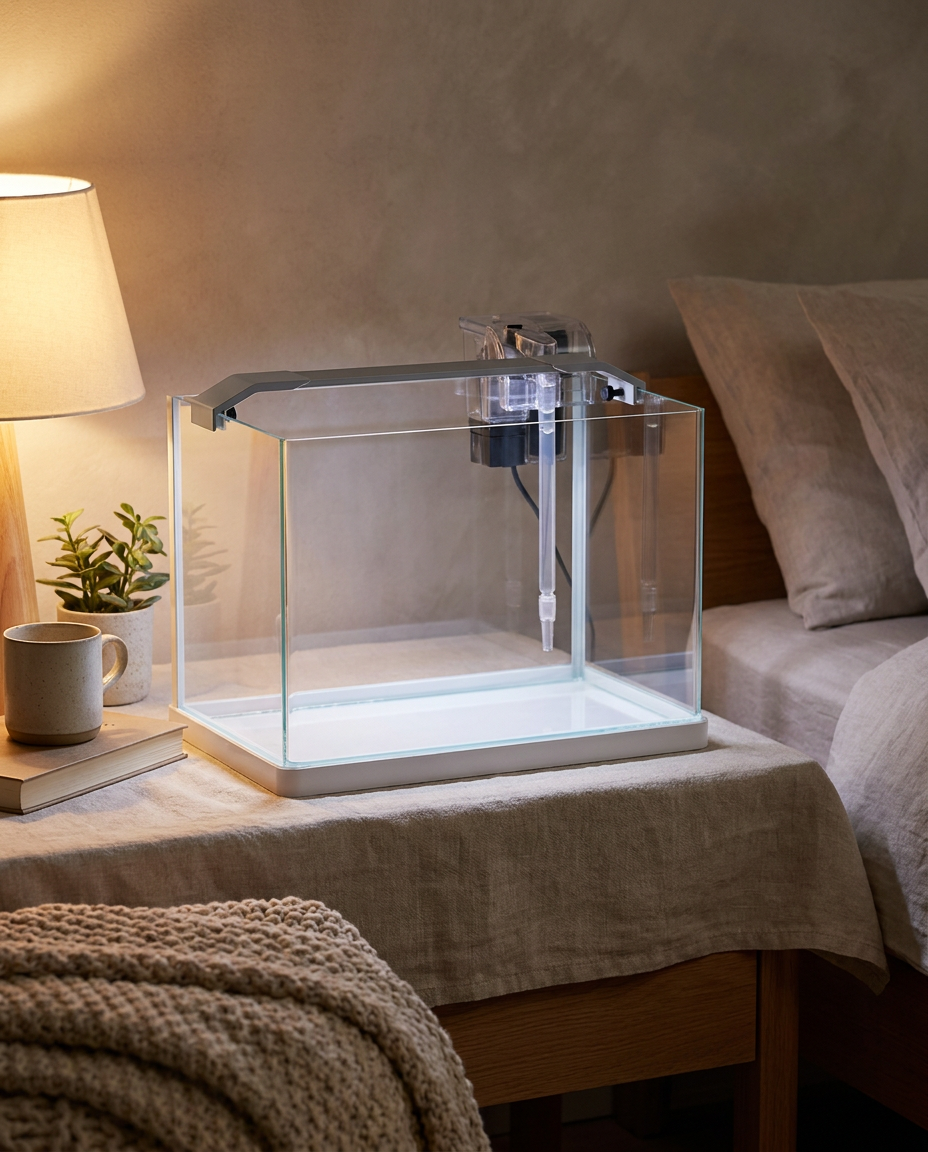 Aquarium Cristal sur une table de chevet en chambre