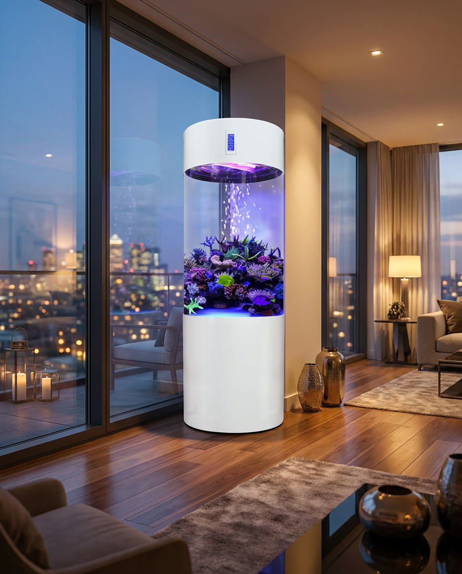 Une colônne lumineuse qui devient le point focal du salon dès la tombée du jour