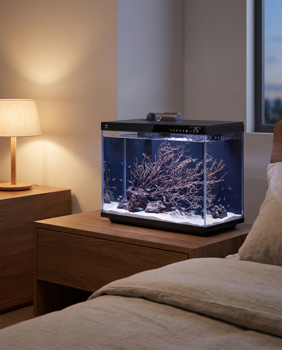 Aquarium connecté Onyx sur une table de chevet dans une chambre moderne