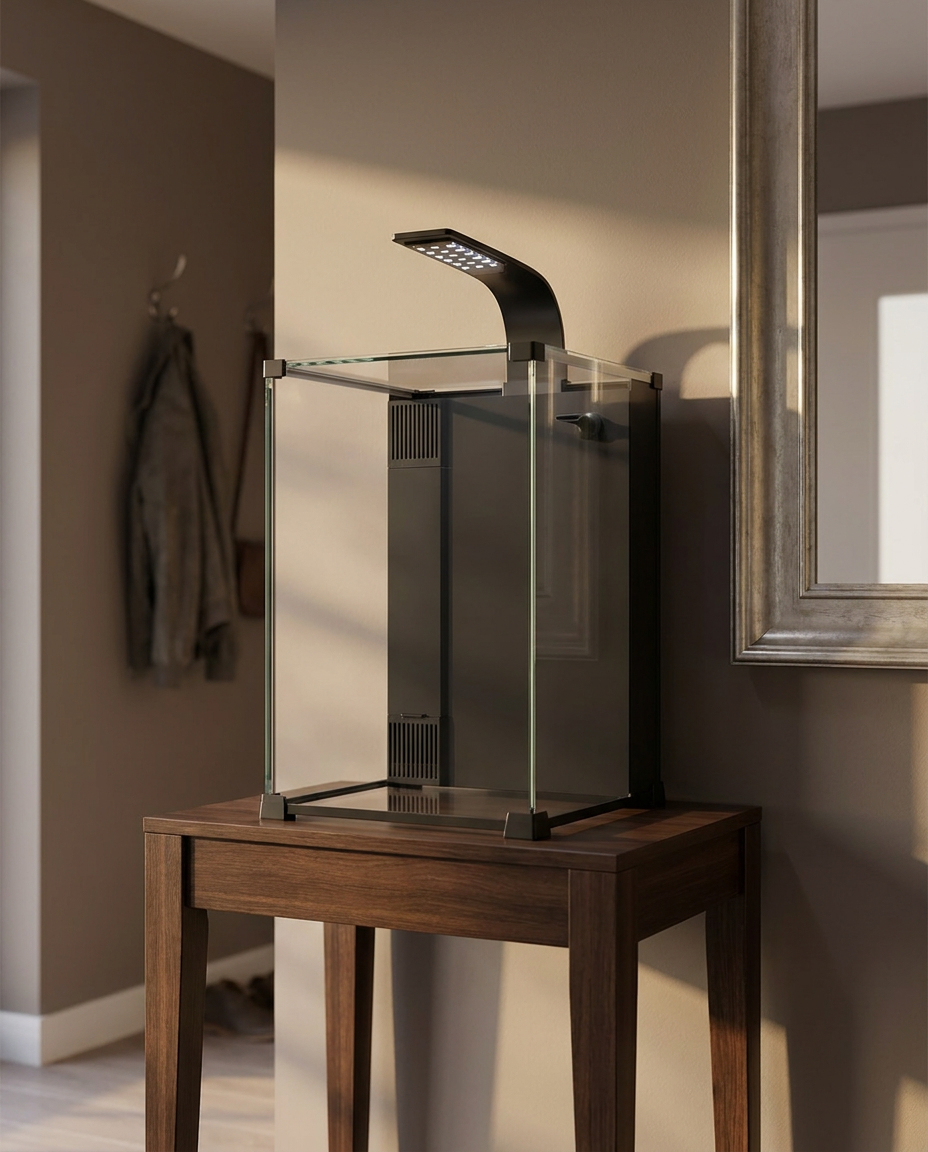 Aquarium colonne Obsidian dans une entrée d'appartement moderne
