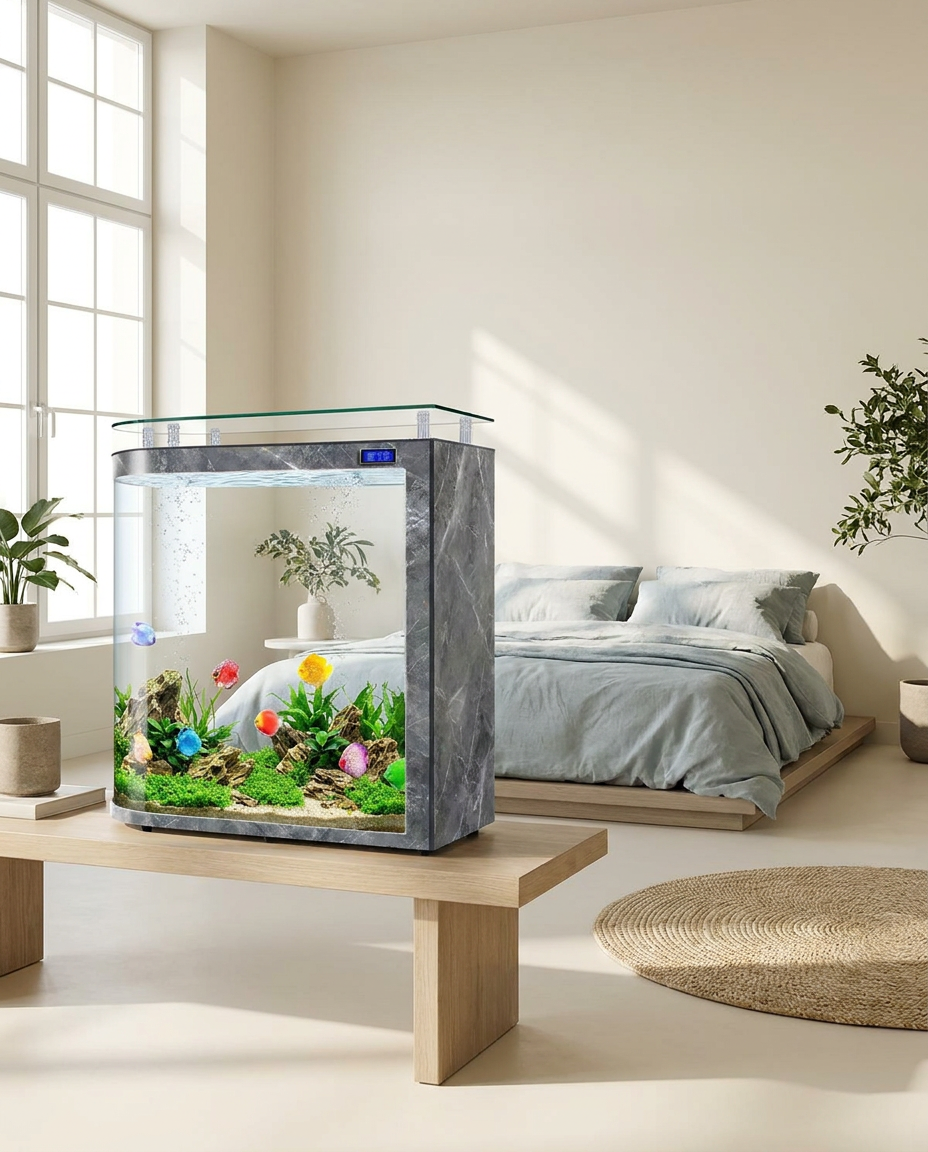 Aquarium panoramique Sakura dans une chambre moderne et sereine