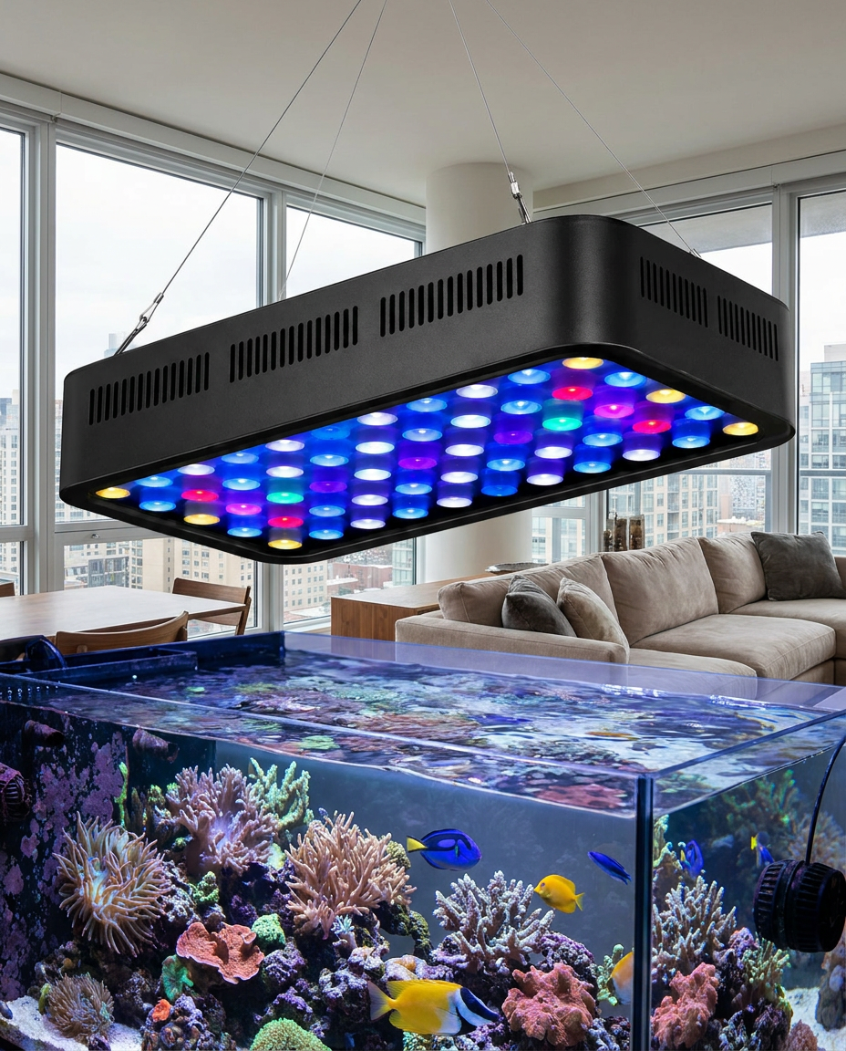 Panneau LED Solis monté au-dessus d'un aquarium en salon lumineux