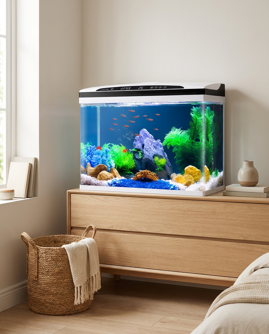 Aquarium connecté Pearl dans une chambre scandinave lumineuse