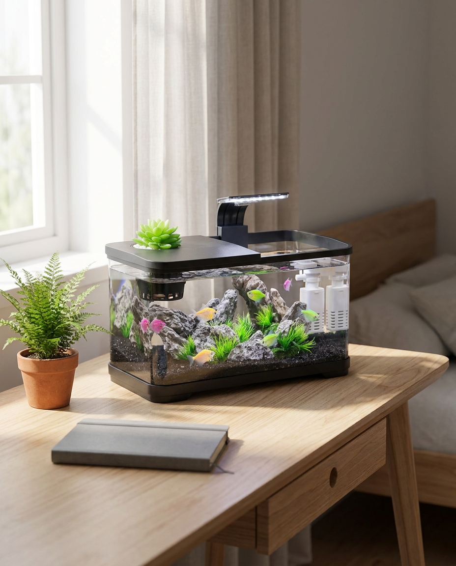 Aquarium de bureau Amber dans une chambre minimaliste