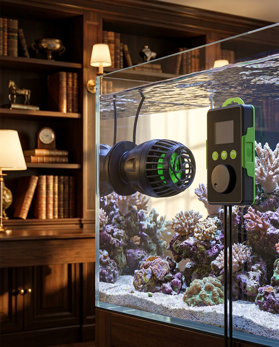 Pompe de brassage Jecod Vortex installée dans un aquarium récifal en bibliothèque