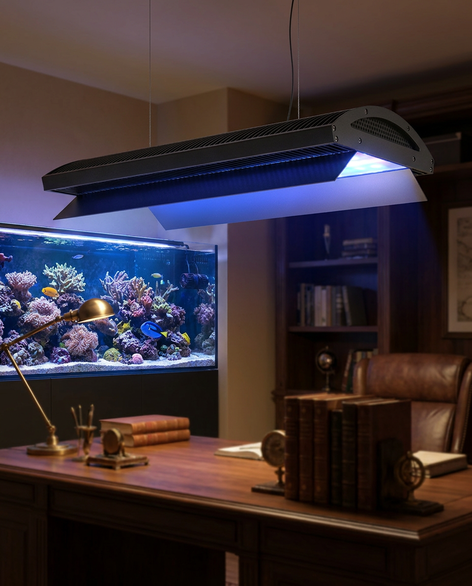 Rampe LED Aurora montée au-dessus d'un aquarium en bureau