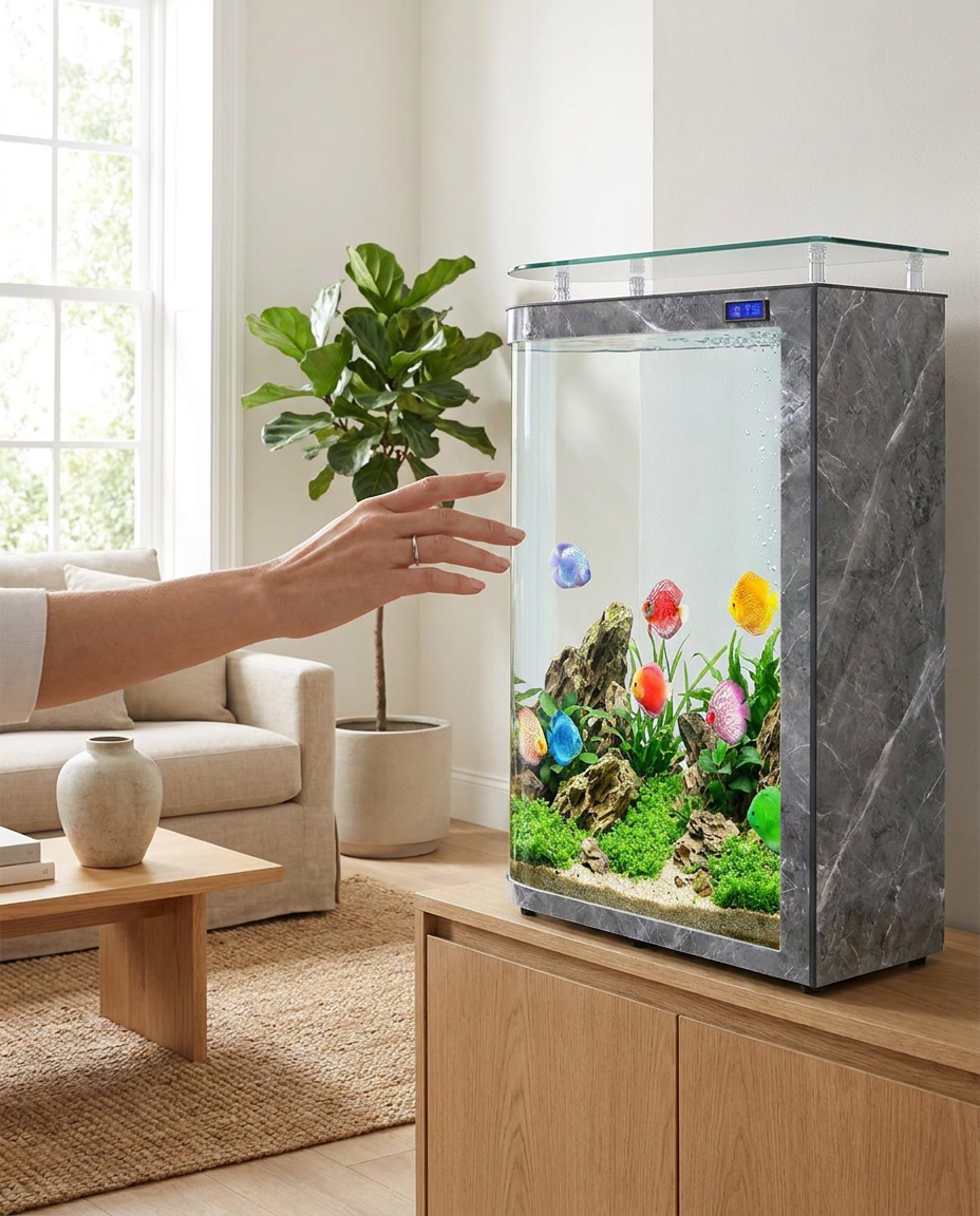 Femme désignant l'aquarium panoramique Sakura dans un salon lumineux