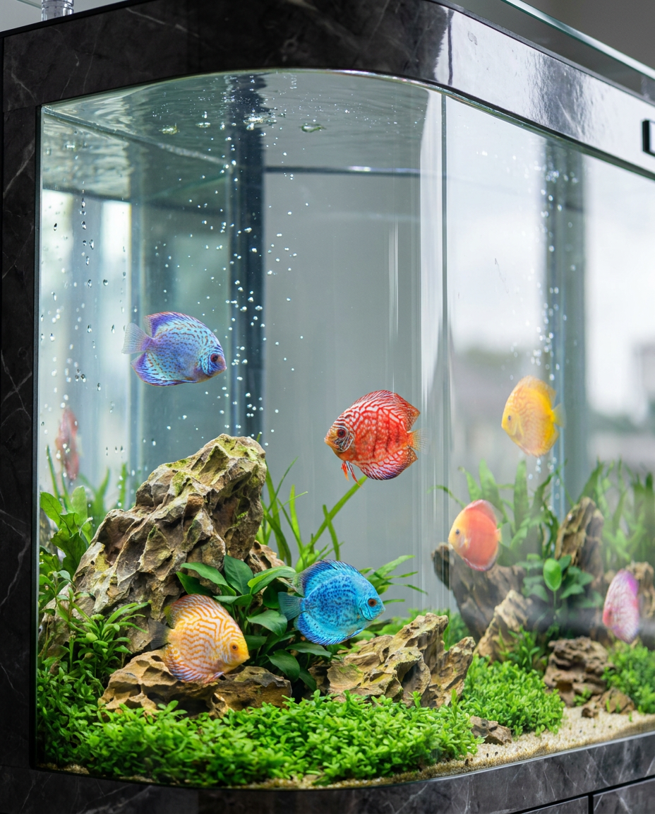 Gros plan sur la vitre de l'aquarium montrant les poissons