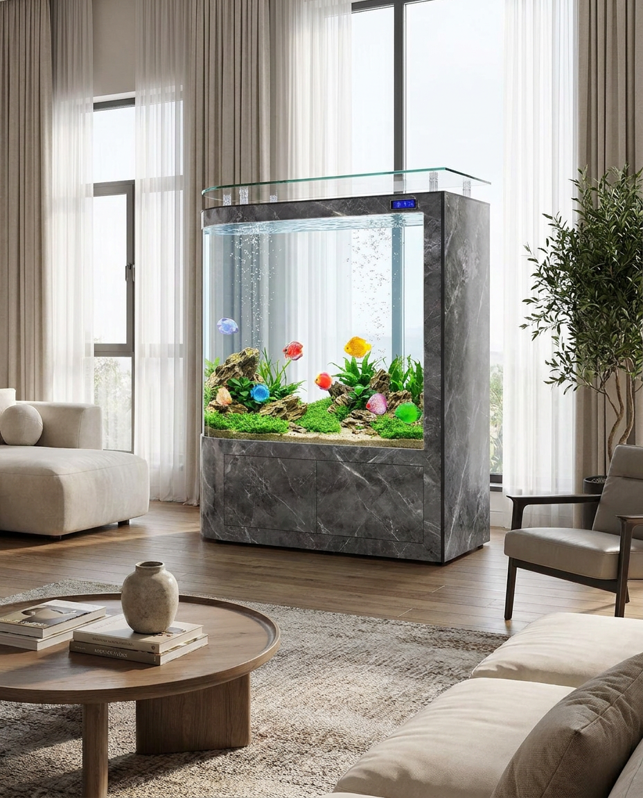 Aquarium Sakura en pièce centrale d'un salon moderne lumineux
