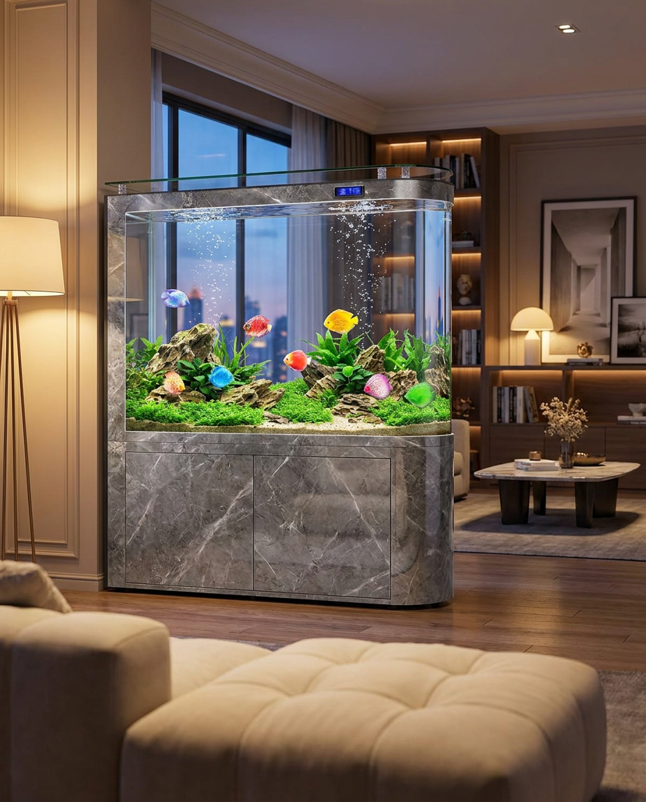 Aquarium Sakura en pièce centrale d'un salon en soirée