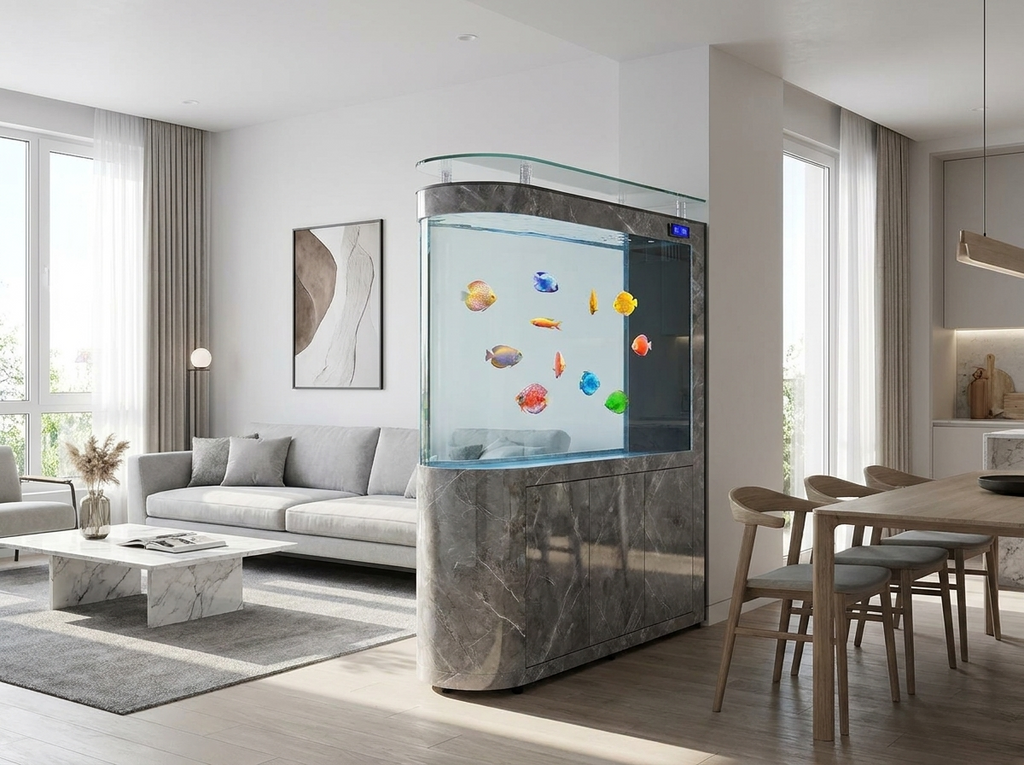 Aquarium Sakura utilisé comme séparation ouverte entre le salon et la salle à manger