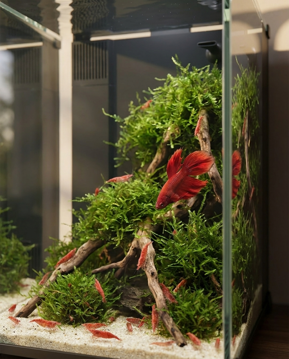 Crevettes et Betta profitent de toute la hauteur de la colonne d'eau