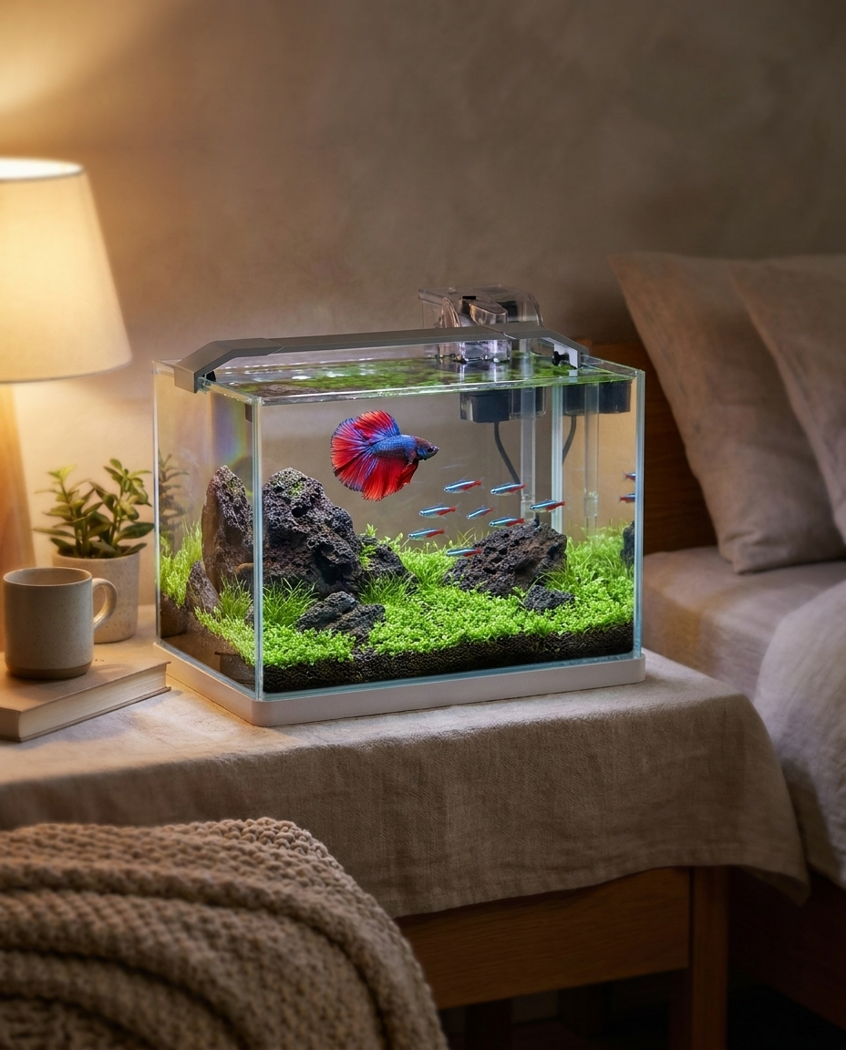 Betta et néons cardinals évoluent parmi les roches volcaniques