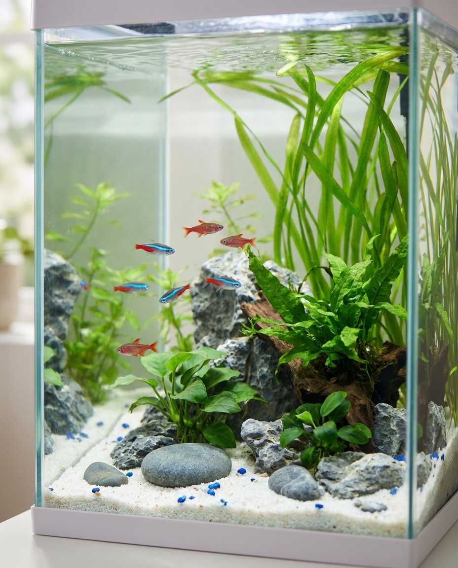 Un banc de poissons évolue à mi-hauteur, entre sable blanc et roches